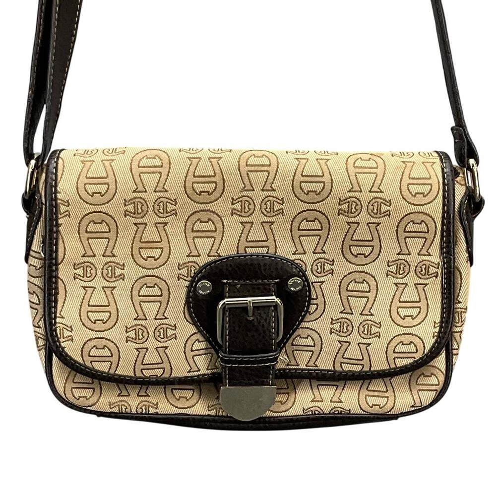 Etienne Aigner Vintage Brown Canvas Logo Leather Strap Brass Buckle Purse